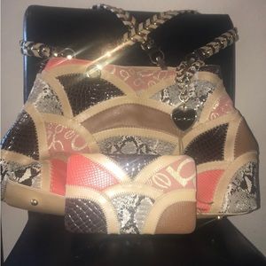 Bebe Patchwork Handbag and matching wallet…. Matching shoes also available